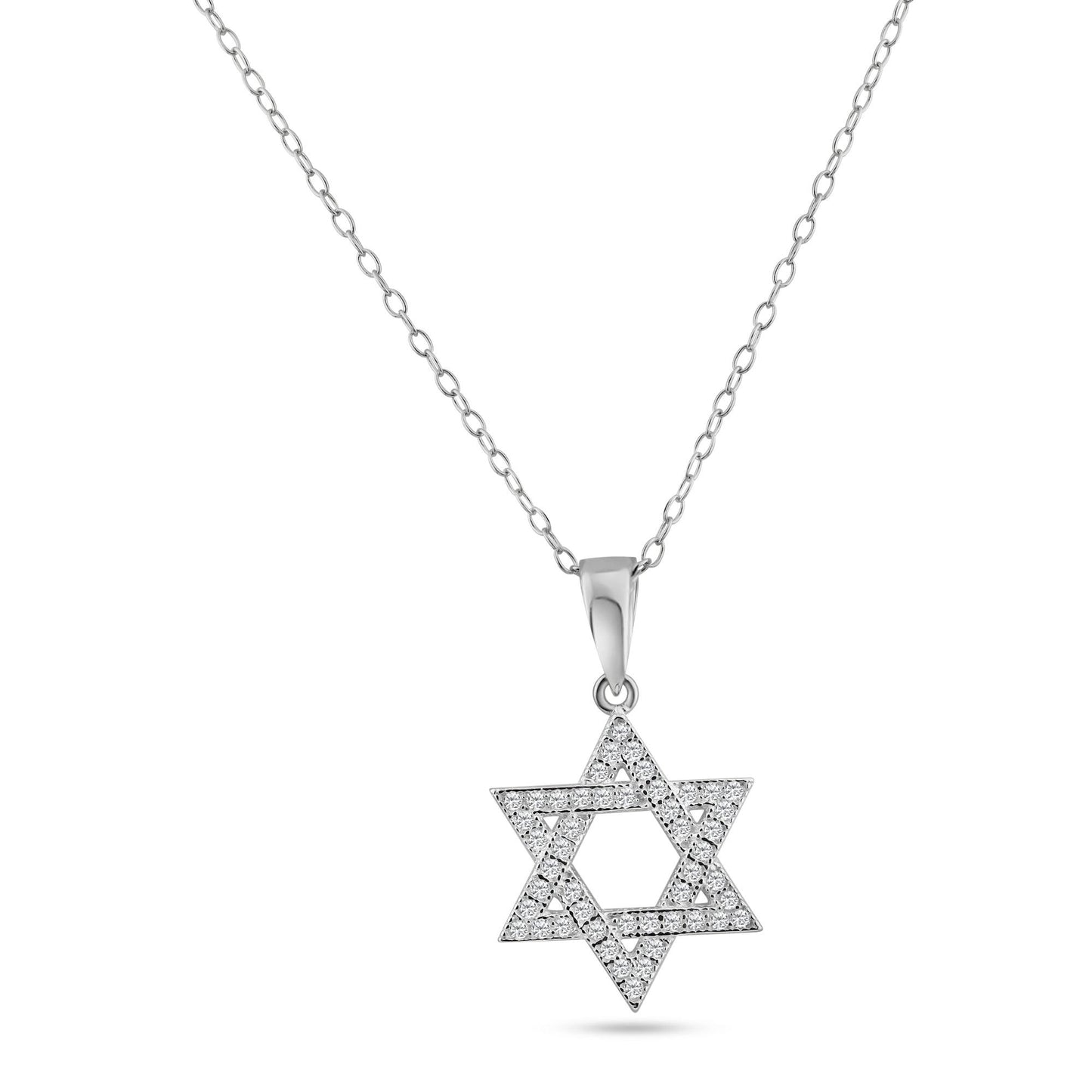 Sterling Silver 925 Rhodium Plated Open Hebrew Star of David CZ Jewish Pendant