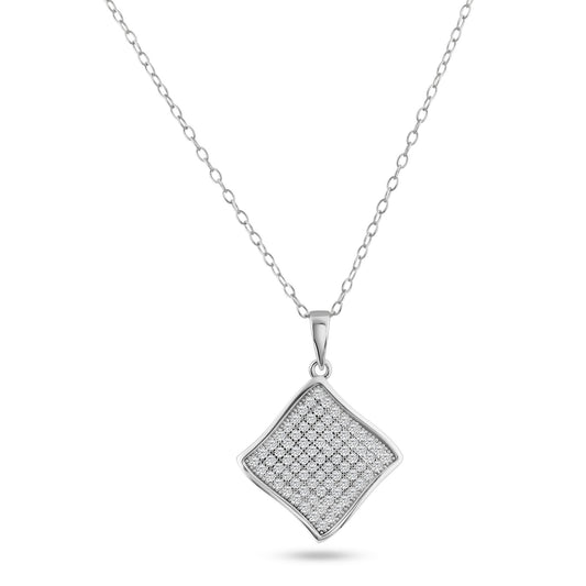 Sterling Silver 925 Rhodium Plated Curvy Square CZ Dangling Pendant Chain