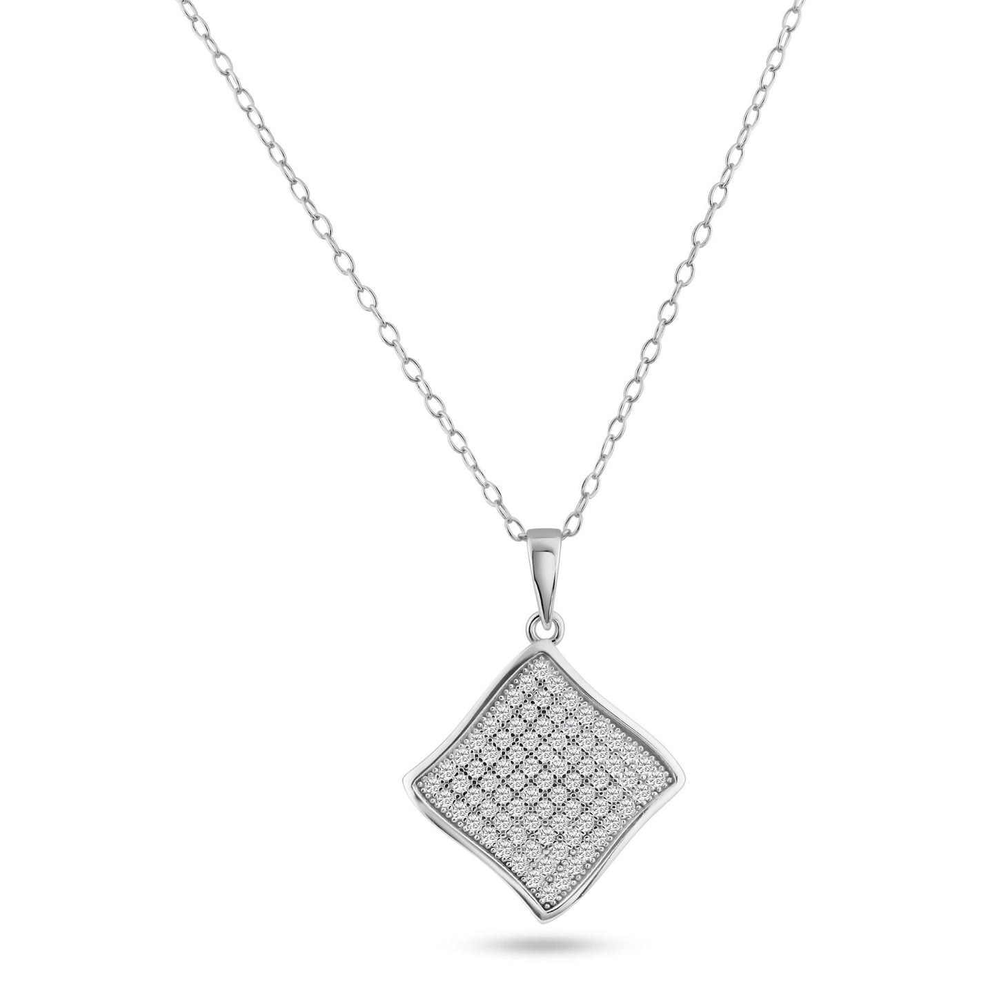 Sterling Silver 925 Rhodium Plated Curvy Square CZ Dangling Pendant Chain