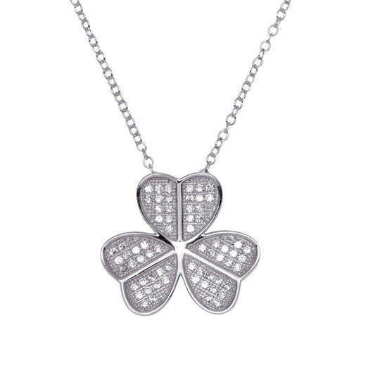 Sterling Silver 925 Rhodium Plated Clover Heart Good Luck CZ Pendant Cable Chain