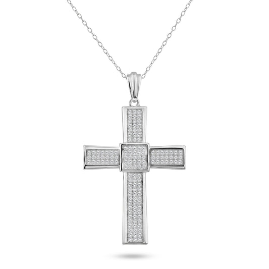 Sterling Silver 925 Rhodium Plated Cross Micro Pave CZ Dangling Pendant Chain