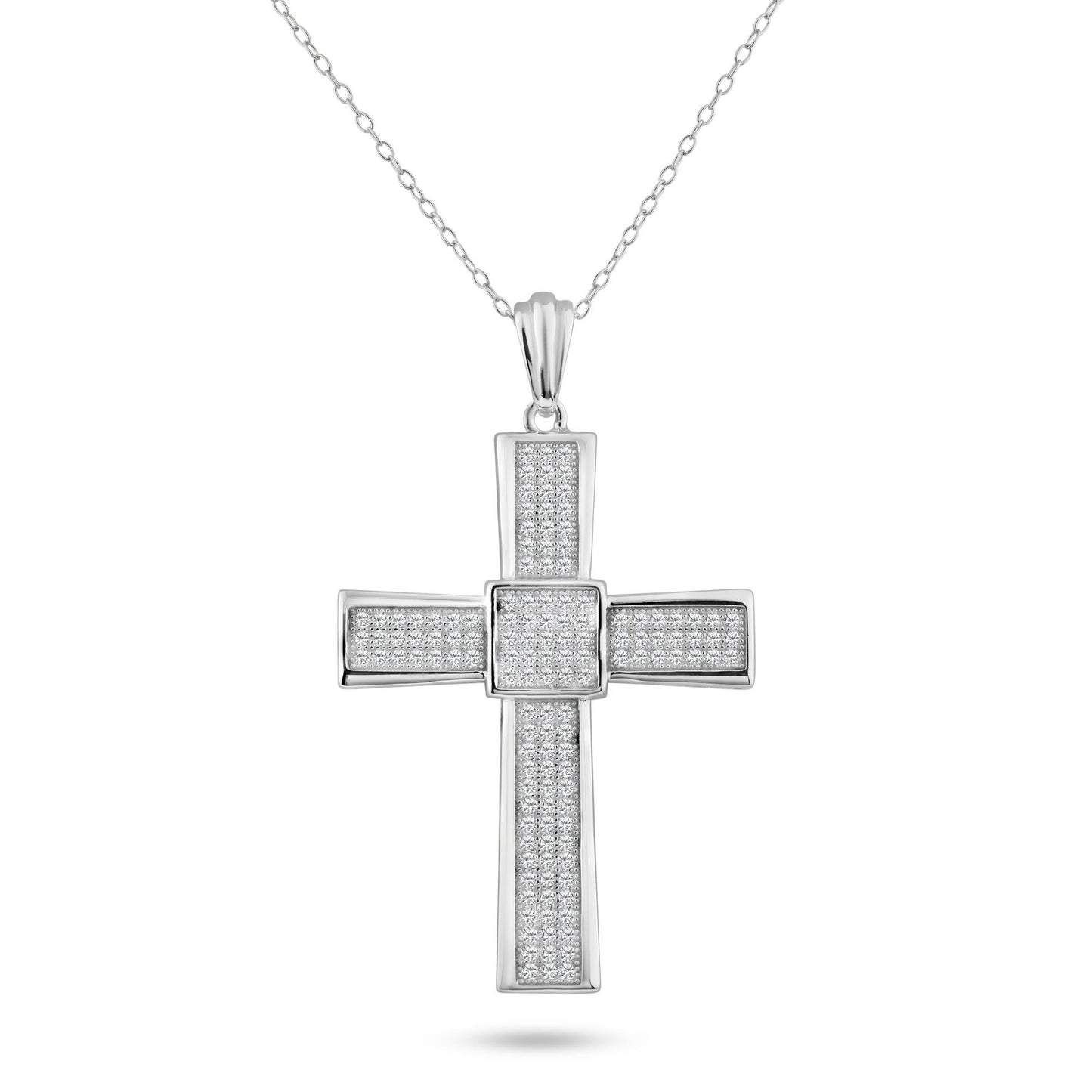 Sterling Silver 925 Rhodium Plated Cross Micro Pave CZ Dangling Pendant Chain