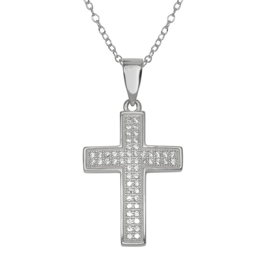 Sterling Silver 925 Rhodium Plated Cross Christian Micro Pave CZ Cross Pendant