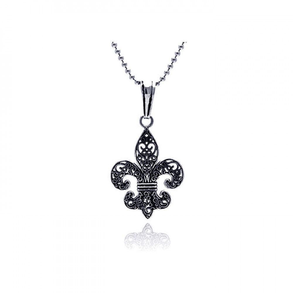 Sterling Silver Nickel Free Rhodium Plated 925 Oxidized Fleur De Lis Pendant
