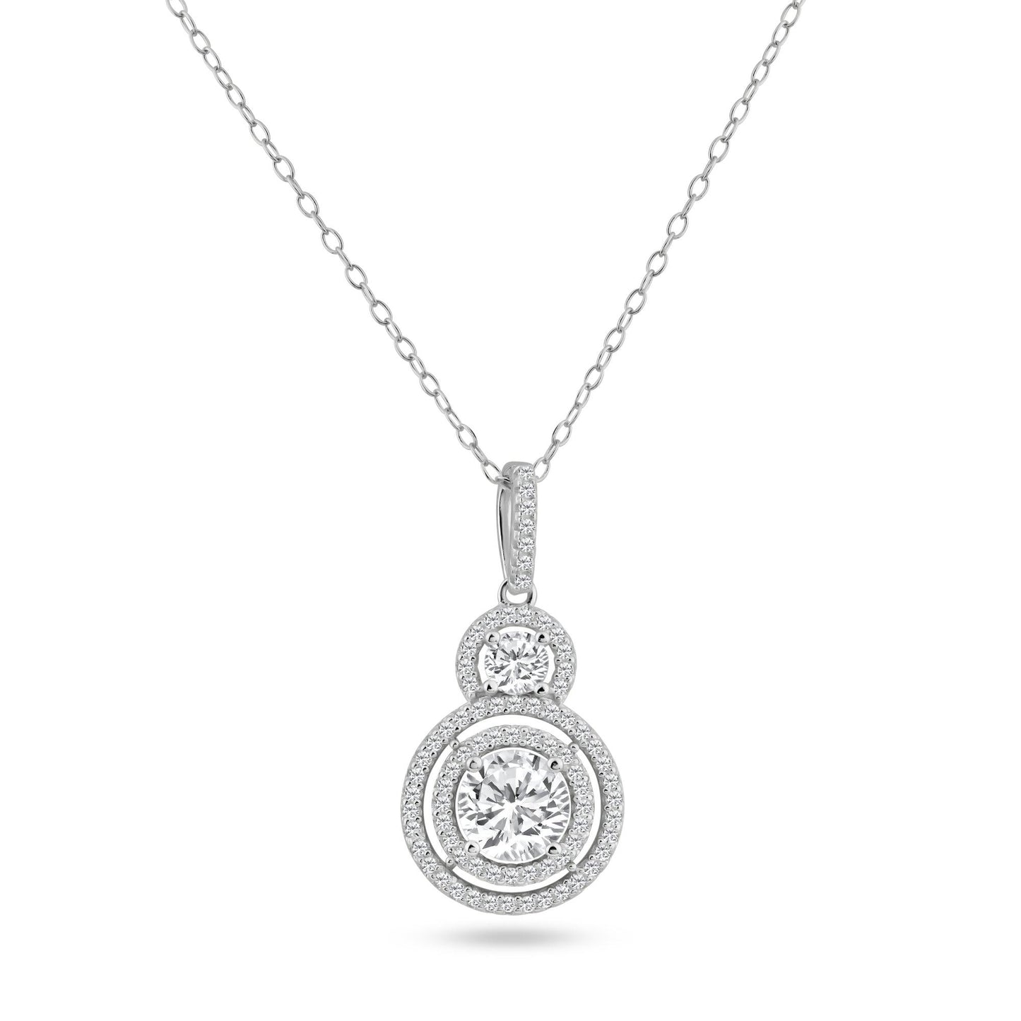 Sterling Silver 925 Rhodium Plated Round Graduated Circle Halo CZ Pendant Chain