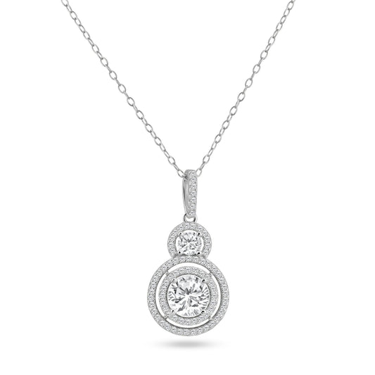 Sterling Silver 925 Rhodium Plated Round Graduated Circle Halo CZ Pendant Chain