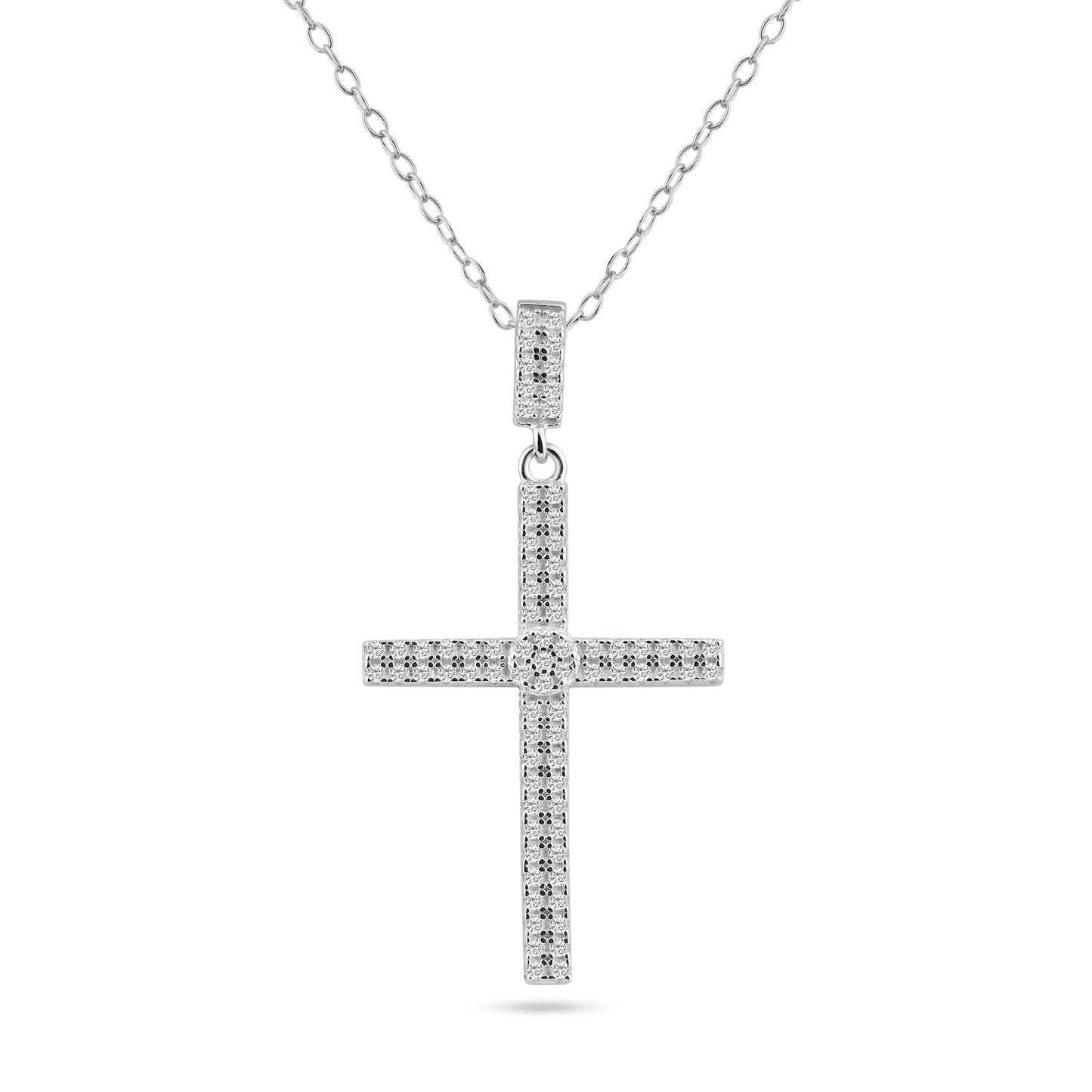 Sterling Silver 925 Rhodium Plated Catholic Cross Micro Pave CZ Pendant Chain