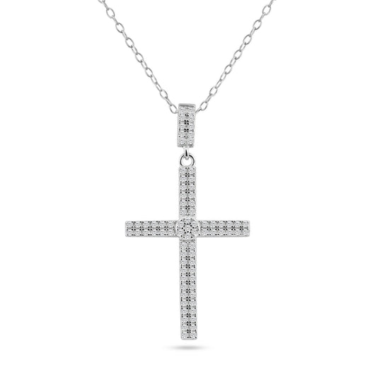 Sterling Silver 925 Rhodium Plated Catholic Cross Micro Pave CZ Pendant Chain