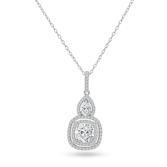 Sterling Silver 925 Rhodium Plated Square Teardrop Halo CZ Dangling Pendant