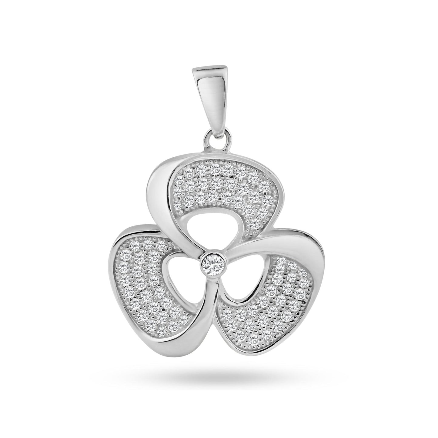 Sterling Silver 925 Rhodium Plated Good Luck Flower Clover CZ Flower Pendant