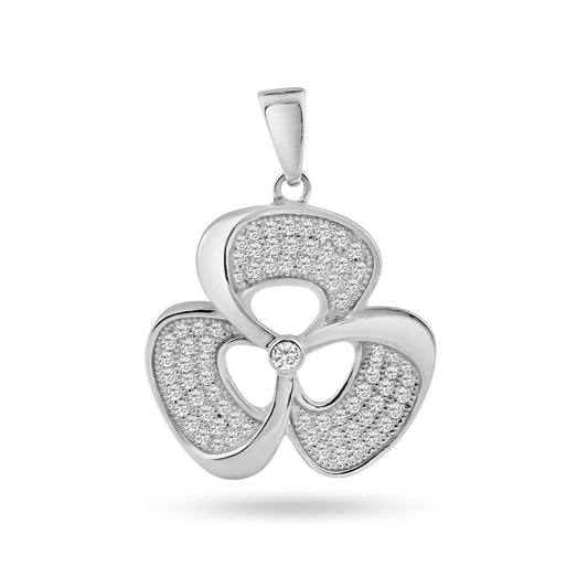 Sterling Silver 925 Rhodium Plated Good Luck Flower Clover CZ Flower Pendant