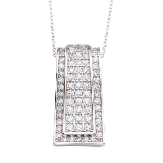 Sterling Silver 925 Rhodium Plated Pave Geometric Rectangular CZ Pendant Chain