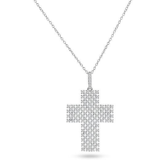 Sterling Silver 925 Rhodium Plated Thick Open Checkered Cross CZ Pendant Chain