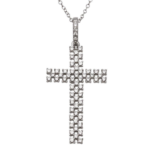 Sterling Silver 925 Rhodium Plated Thin Open Checkered Cross CZ Pendant Chain