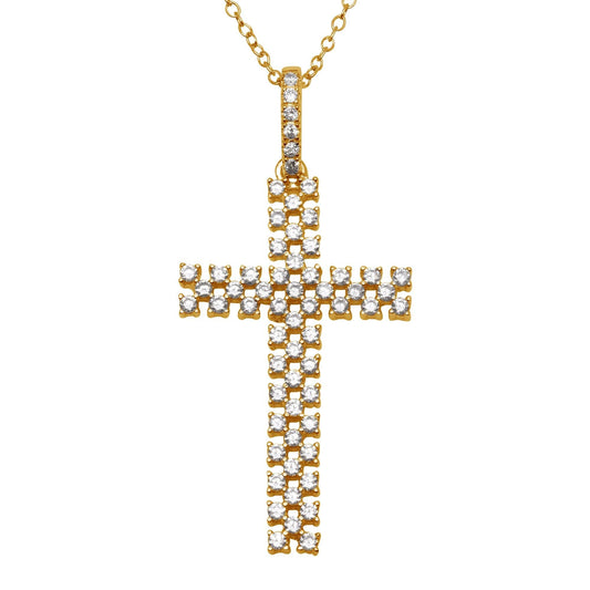 Sterling Silver 925 Rose Gold Plated Thin Open Checkered Cross CZ Pendant Charm