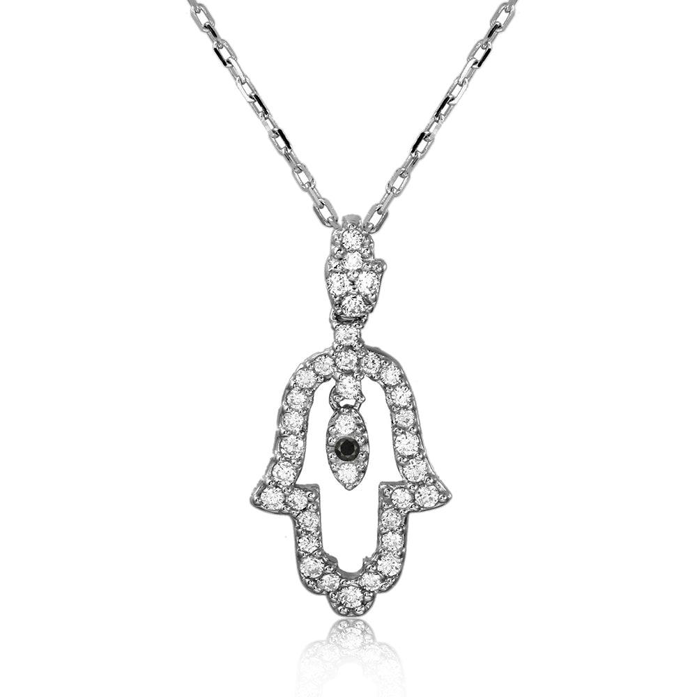 Sterling Silver 925 Rhodium Plated Open Hamsa Hand Clear CZ Necklace Charm