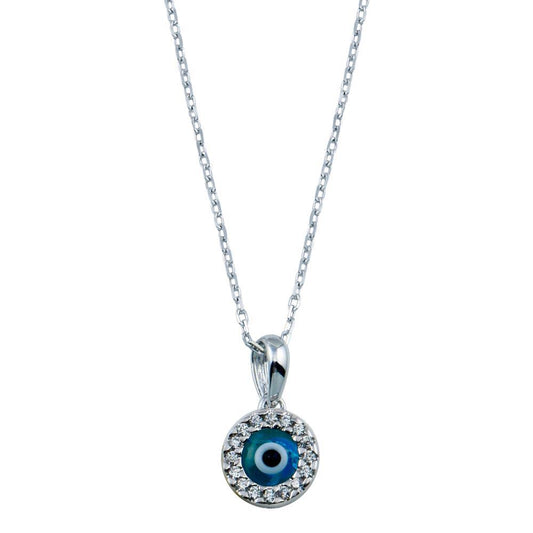 Sterling Silver 925 Rhodium Plated Round Evil Eye Necklace Halo CZ Pendant