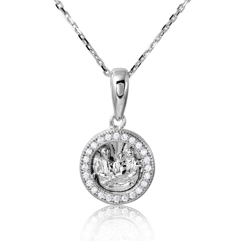 Sterling Silver 925 Rhodium Plated Religious Medallion Necklace Halo Pendant