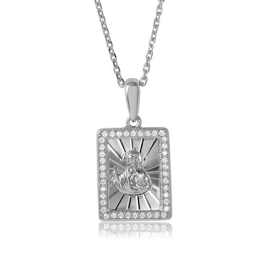 Sterling Silver 925 Rhodium Plated Rectangle CZ Jesus Medallion Chain Pendant