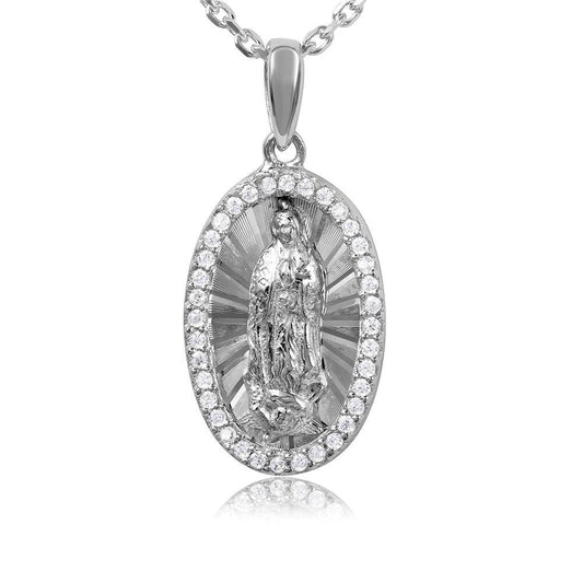 Sterling Silver 925 Rhodium Plated Oval CZ Frame Medallion Catholic Christ Chain