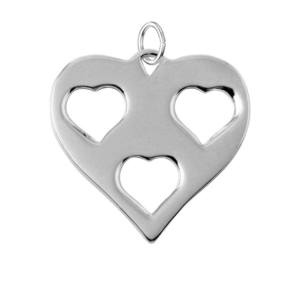 Sterling Silver 925 Rhodium Plated Heart Charm 3 Cut Out Promise Love Pendant
