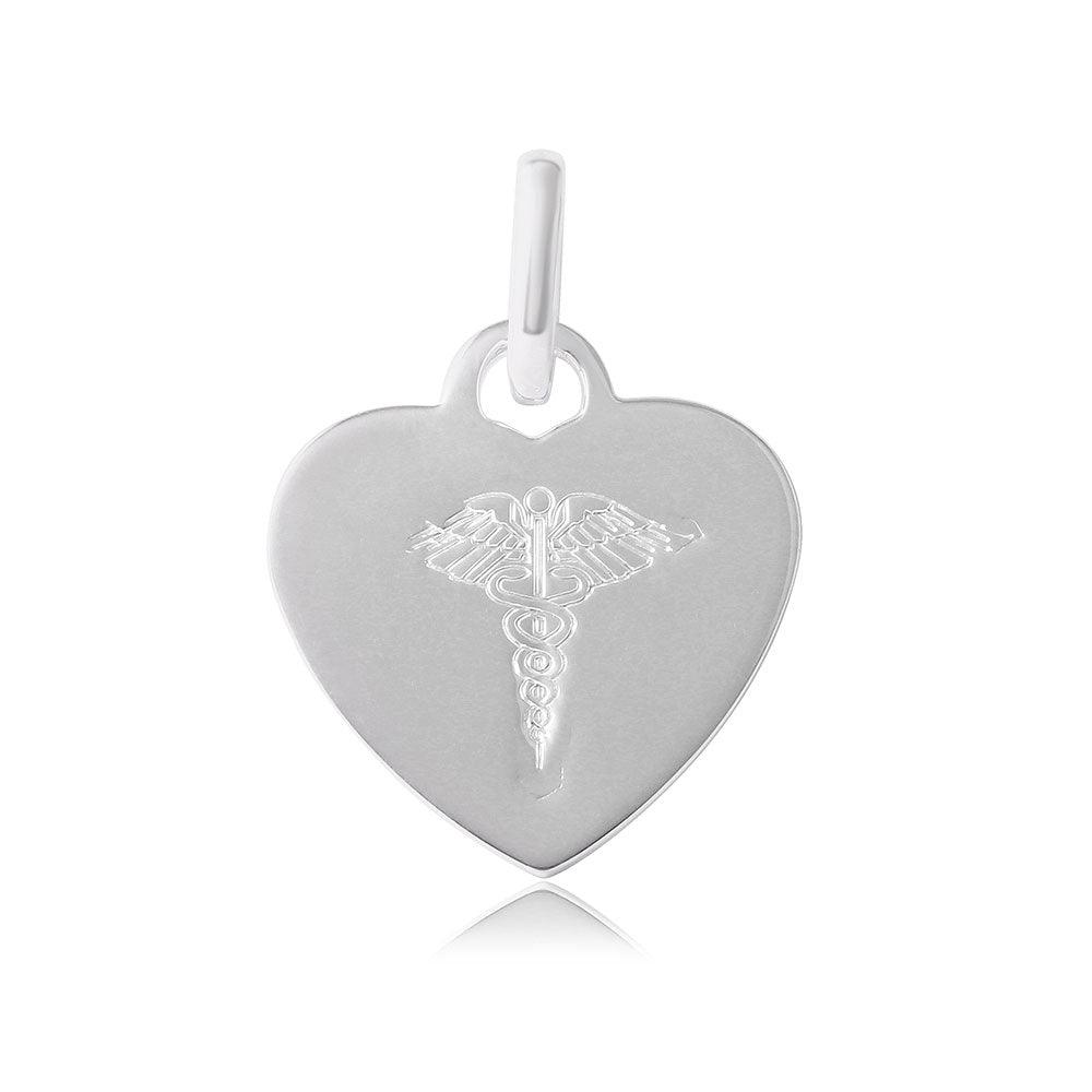 Sterling Silver 925 Flat Heart Engravable Charm Medical Sign Caduceus Pendant