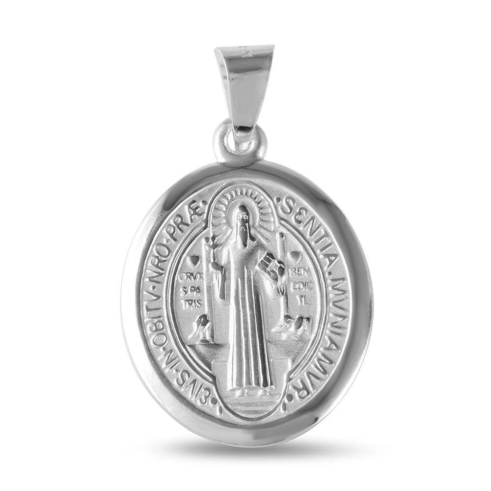Sterling Silver 925 High Polished Oval Saint Benedict Medallion Catholic Pendant