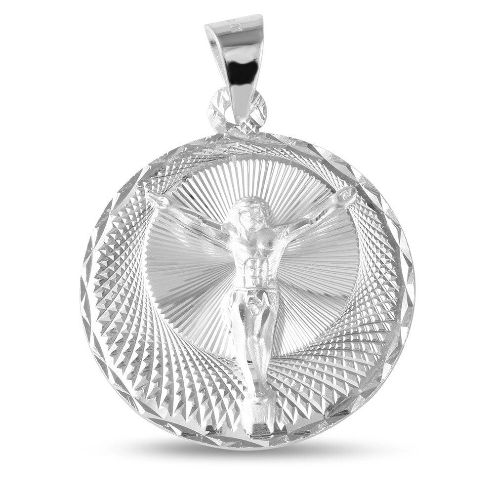 Sterling Silver 925 High Polished Crucifix Diamond Cut Medallion Pendant Charm
