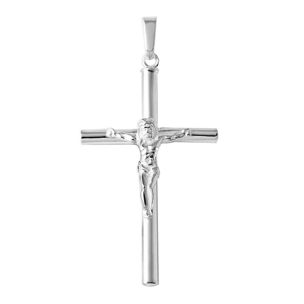 Sterling Silver 925 Tubular Cylinder Cross Pendant Crucifix Jesus Charm