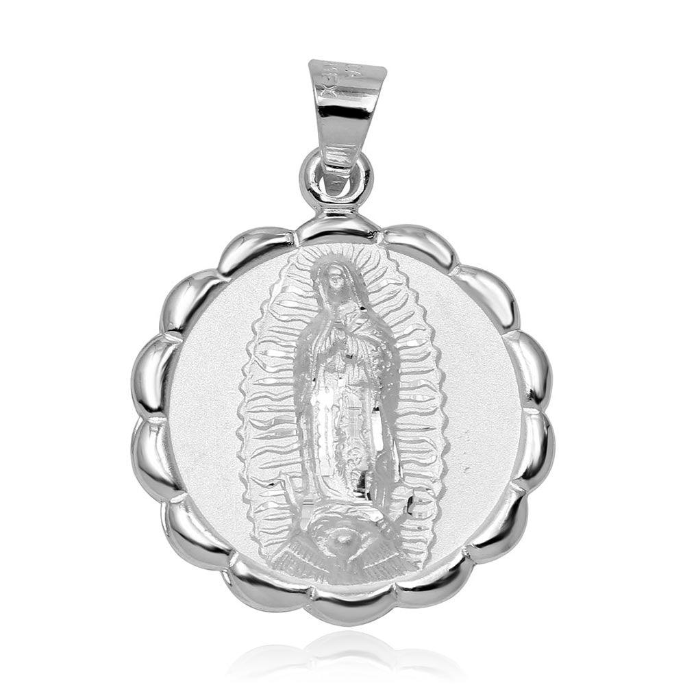 High Polished 925 Sterling Silver Our Lady of Guadalupe Wave Edge Charm Pendant