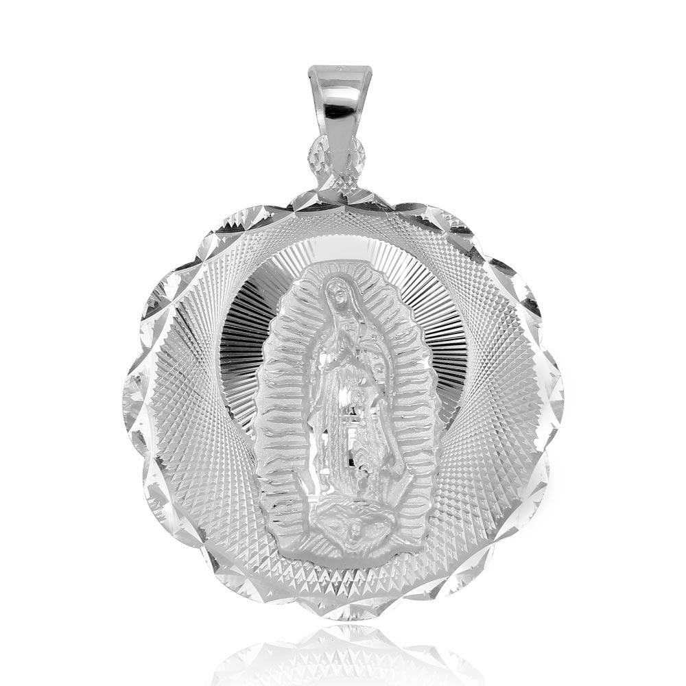 Solid 925 Sterling Silver DC Wavy Edge Round Lady of Guadalupe Medallion Pendant