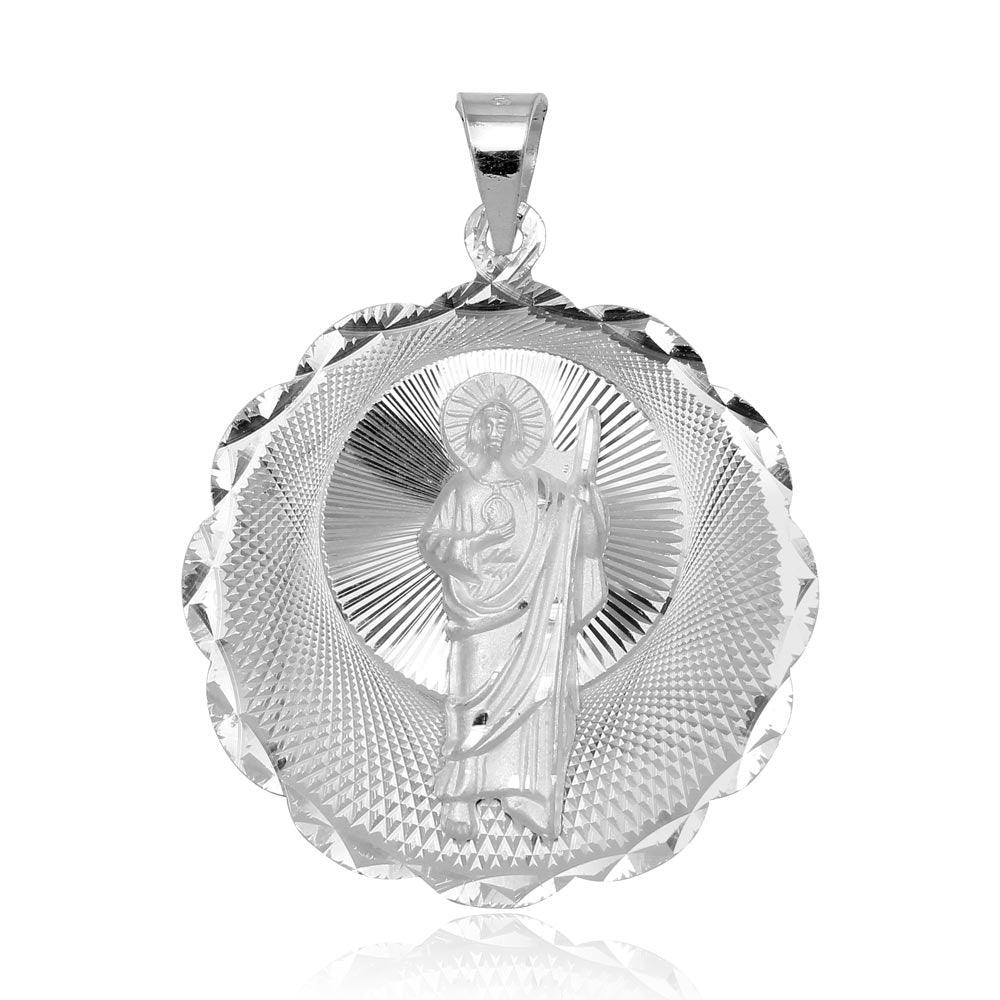 925 Sterling Silver Wavy Saint Round St. Jude Medallion Christian Church Pendant