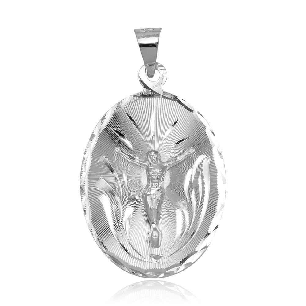 High Polished 925 Sterling Silver DC Oval Crucifix Medallion Cross Jesus Pendant