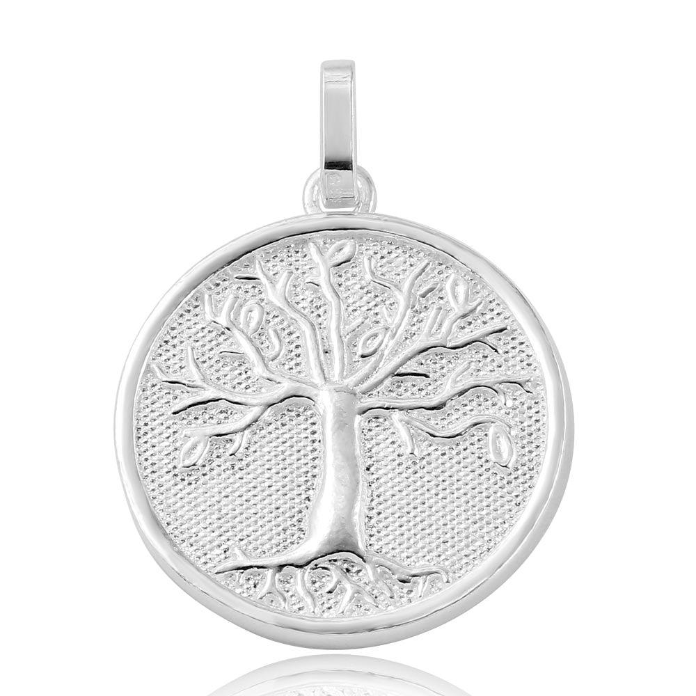 Rhodium Plated 925 Sterling Silver Family Tree of Life Pendant Round Medallion