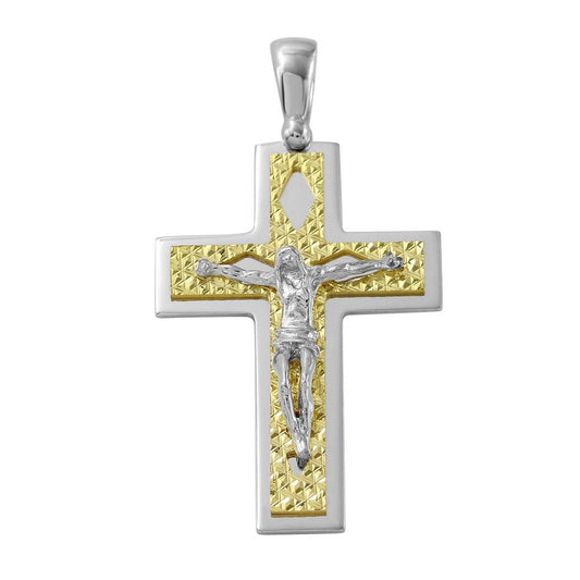 Two-Tone 925 Sterling Silver Gold Plated Crucifix Pendant Cross Christian Charm