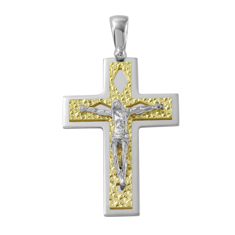 Two-Tone 925 Sterling Silver Gold Plated Crucifix Pendant Cross Christian Charm