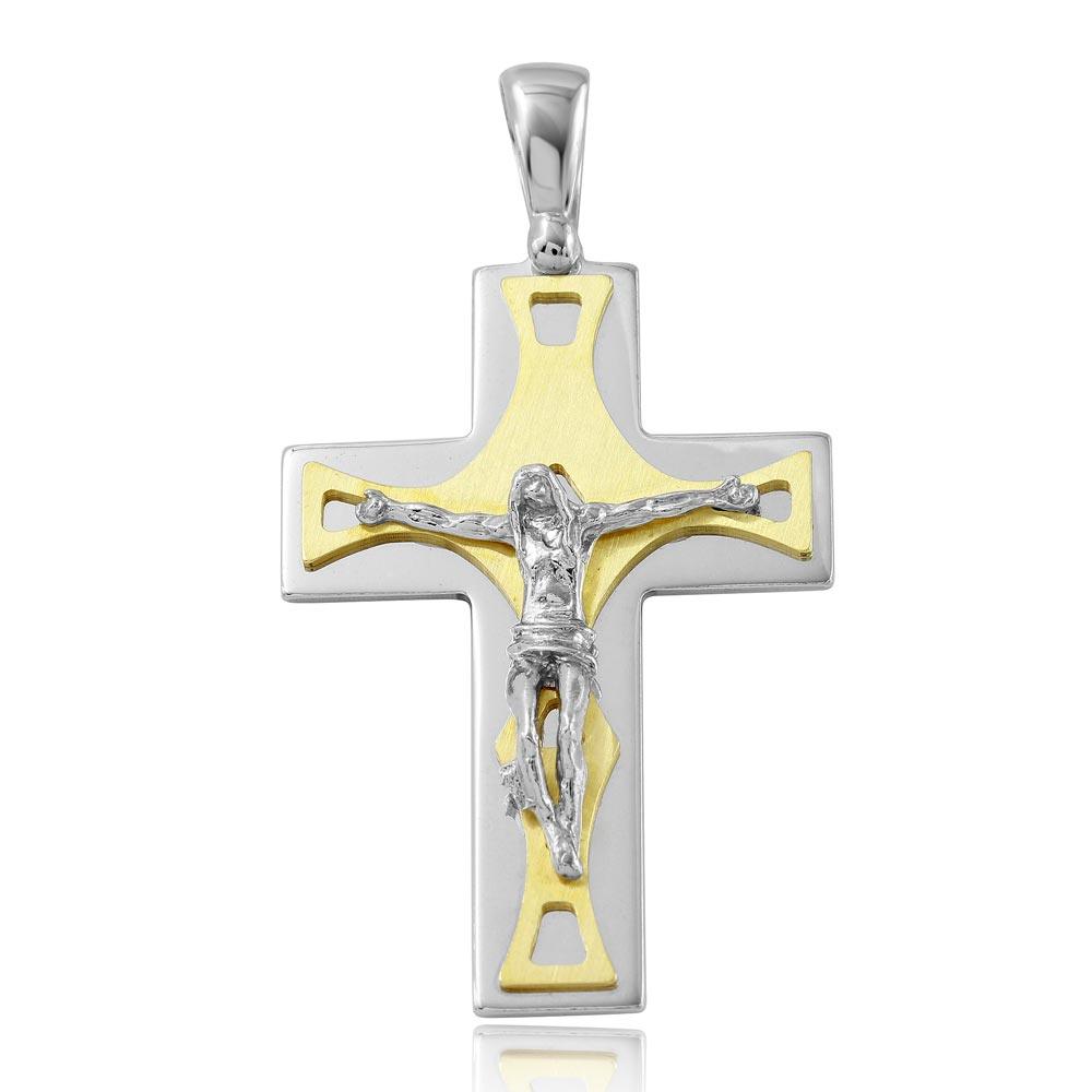 Rhodium Plated 925 Sterling Silver and Matte 14k Gold Plated Crucifix Pendant