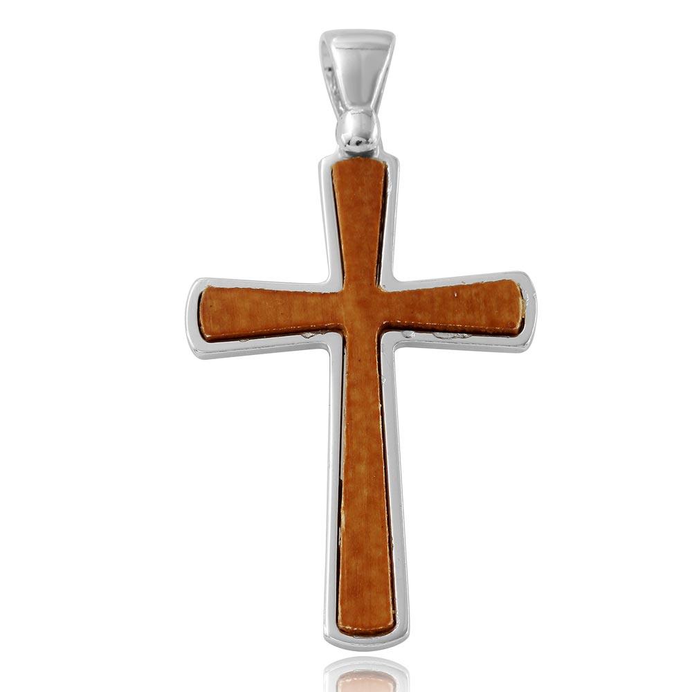 Rhodium Plated 925 Sterling Silver Wooden Cross Christian Jesus Pendant