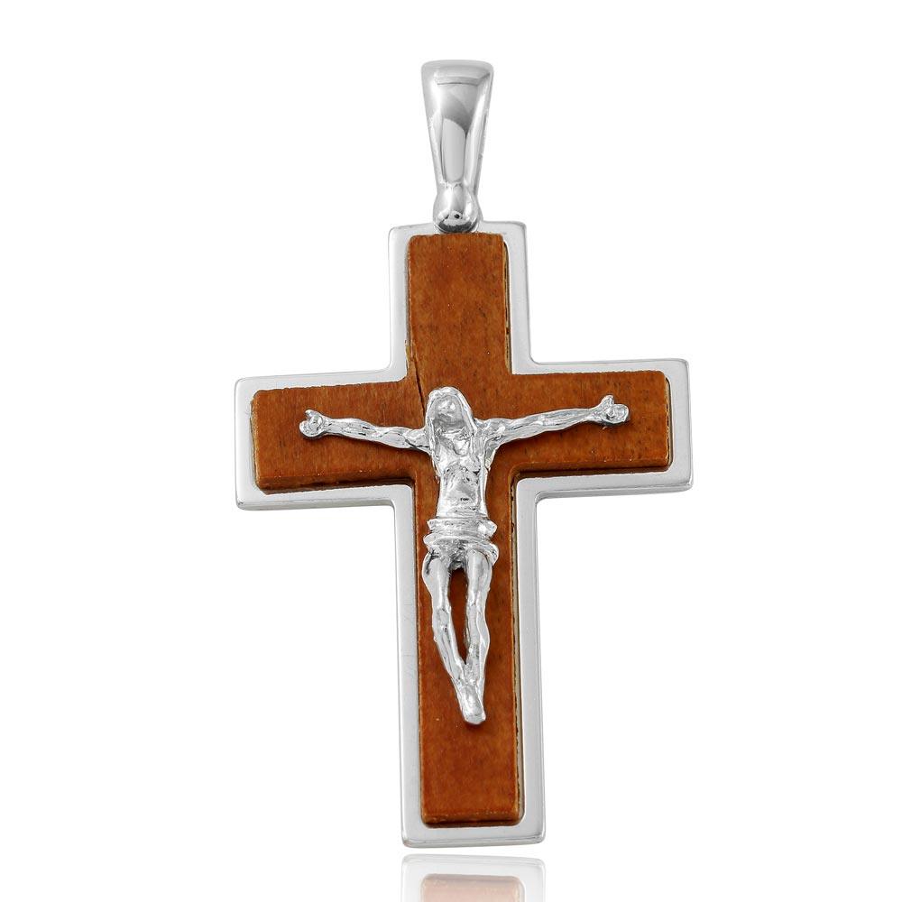 Rhodium Plated 925 Sterling Silver Wooden Crucifix Cross Jesus Christian Pendant