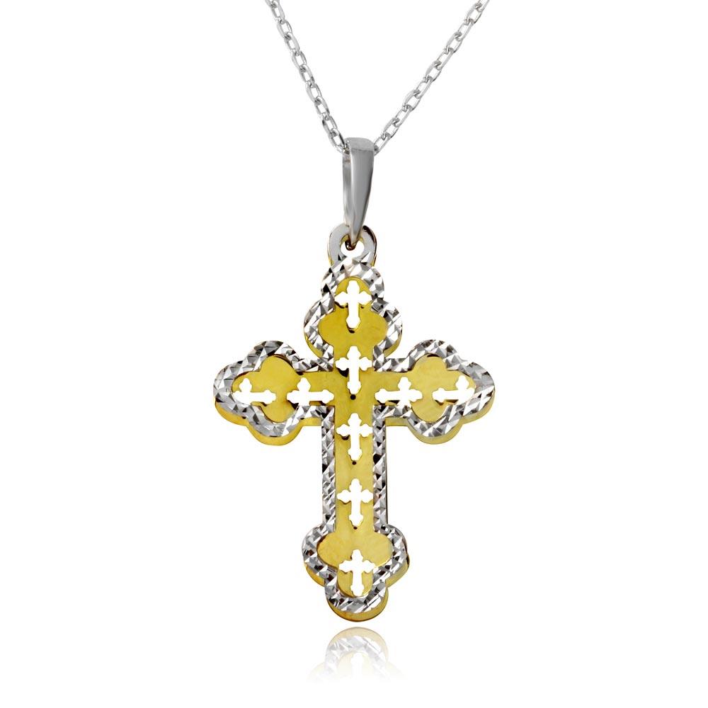 14k Gold and Rhodium Plated 925 Sterling Silver Double Cross Pendant Necklace