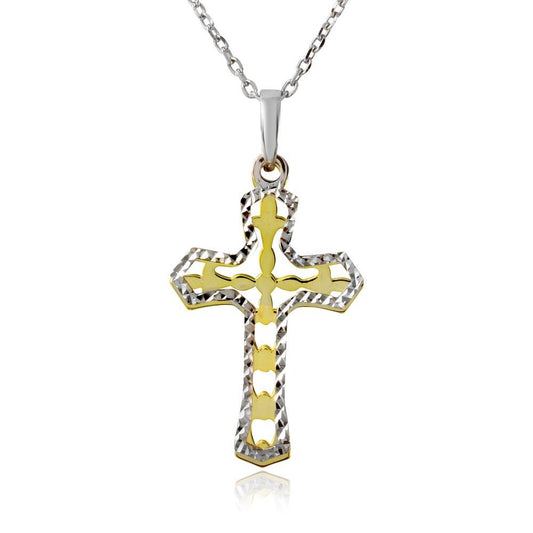 14k Gold and Rhodium Plated 925 Sterling Silver Double Cross Pendant Necklace