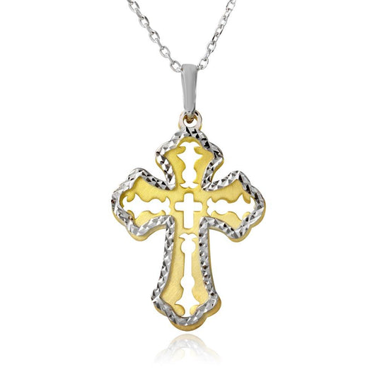 14k Gold and Rhodium Plated 925 Sterling Silver Double Cross Pendant Necklace