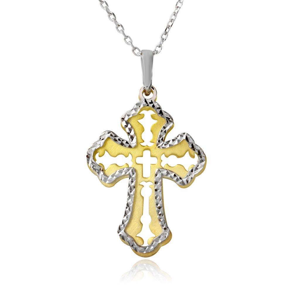 14k Gold and Rhodium Plated 925 Sterling Silver Double Cross Pendant Necklace