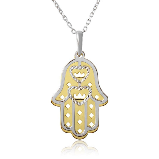 Gold and Rhodium Plated 925 Sterling Silver Hamsa Open Hearts Pendant Necklace