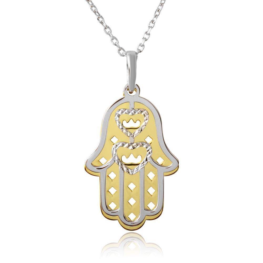 Gold and Rhodium Plated 925 Sterling Silver Hamsa Open Hearts Pendant Necklace