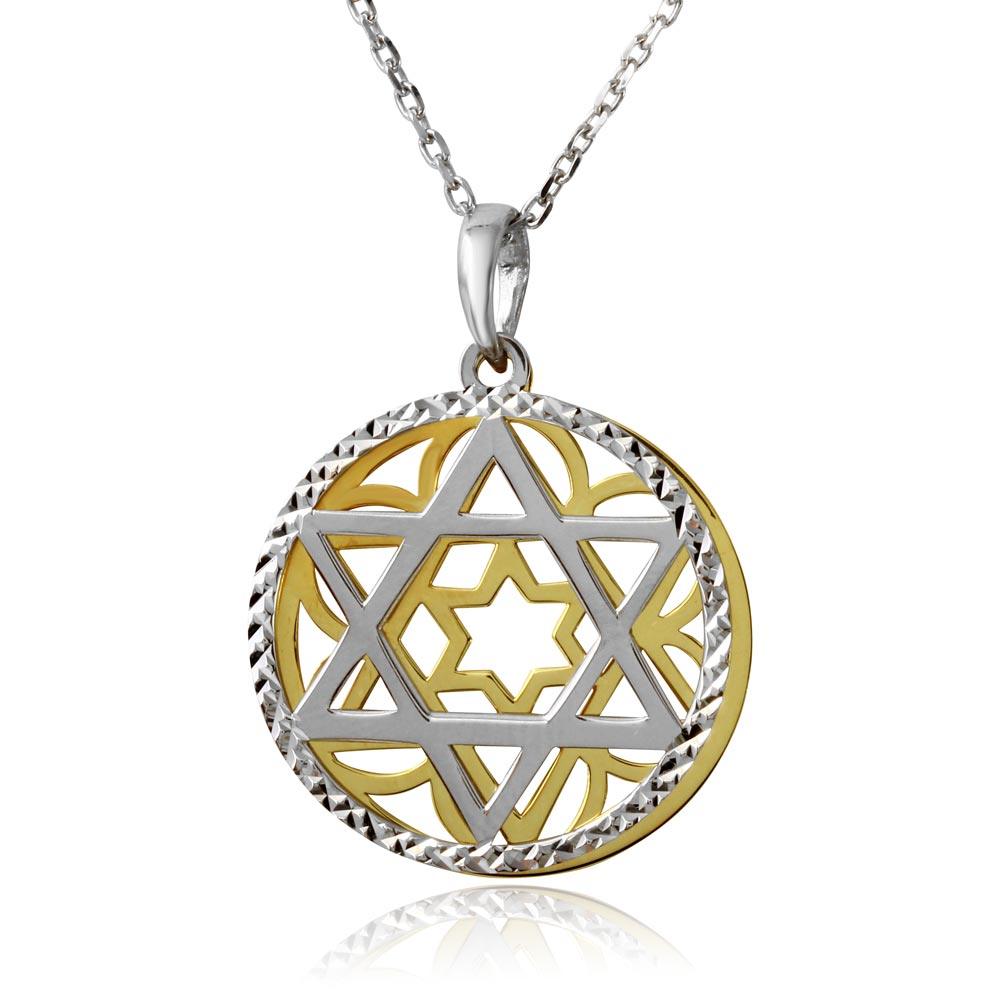 Gold and Rhodium Plated 925 Sterling Silver Star of David Medallion Necklace
