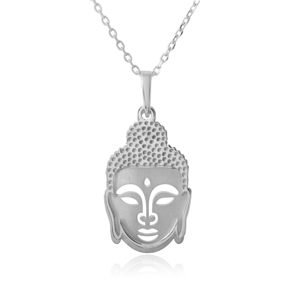 Rhodium Plated 925 Sterling Silver Buddha Pendant Necklace
