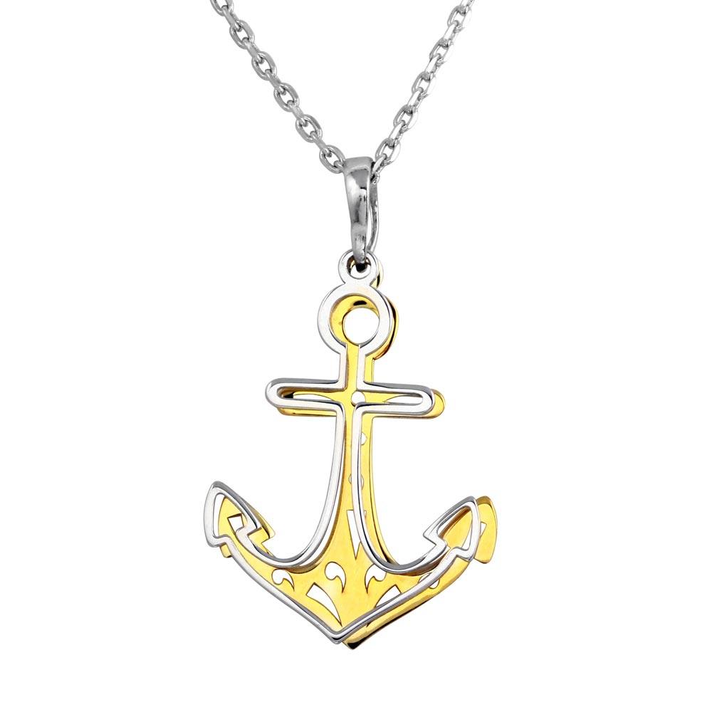 Two-Tone 14k Gold Plated 925 Sterling Silver Double Anchor Mariner Cute Necklace