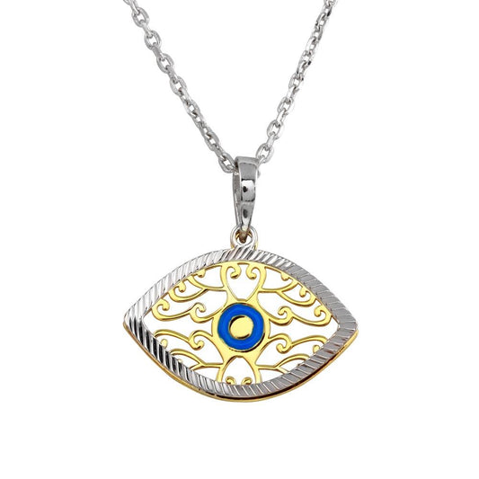 Two-Tone Gold Plated Sterling Silver Blue Enamel Tree of Life Evil Eye Necklace