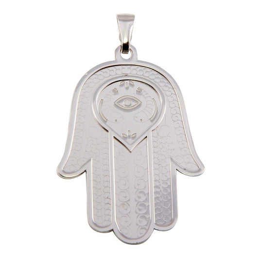Rhodium Plated 925 Sterling Silver Large Hamsa Evil Eye Pendant